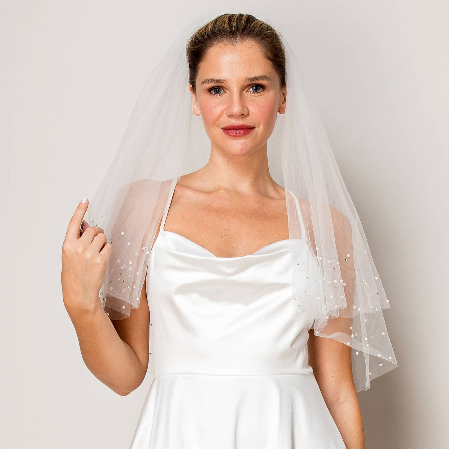 Two Layer Scattered Rhinestone and Pearl Waist Length Veil