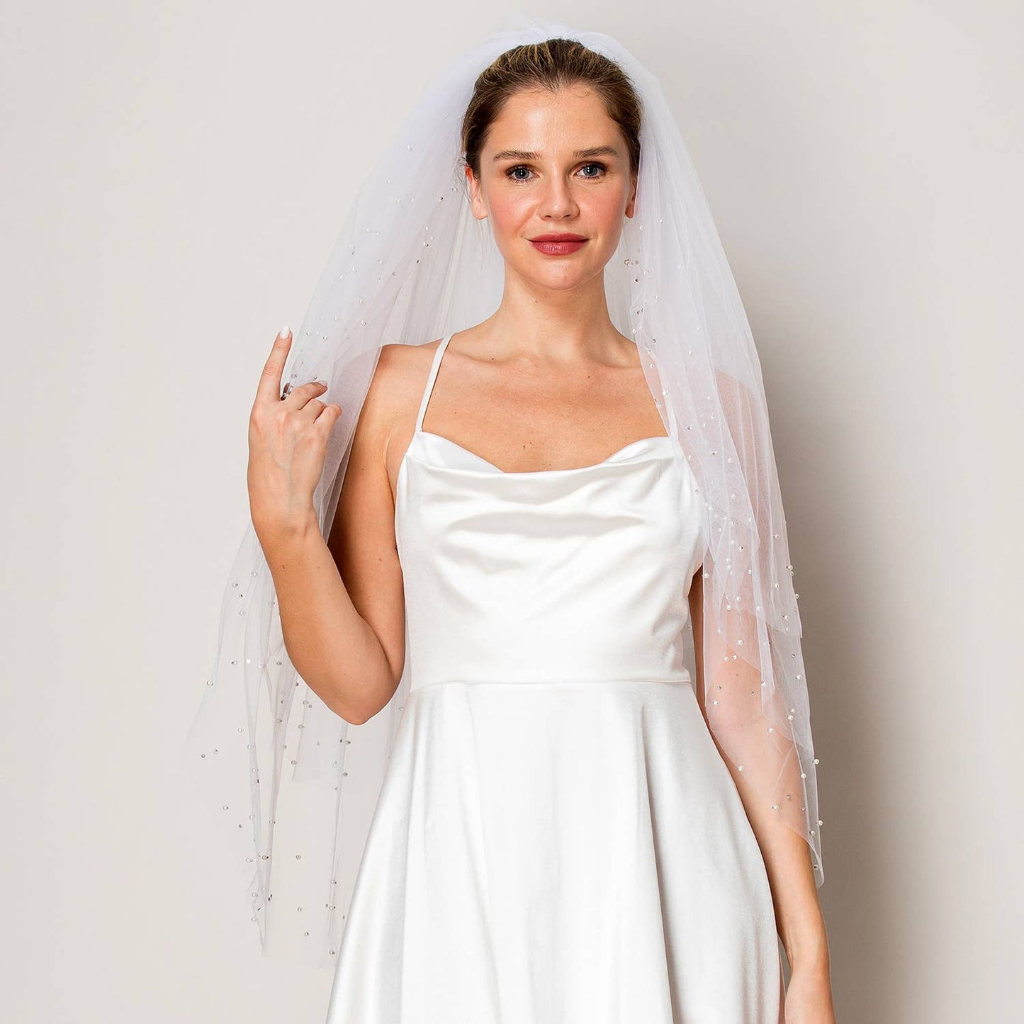 Three Layer Crystal and Pearl Hip Length Wedding Veil