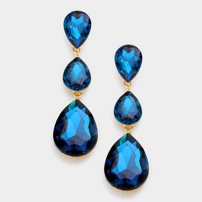 Triple Glass Crystal Teardrop Evening Earrings: Aqua