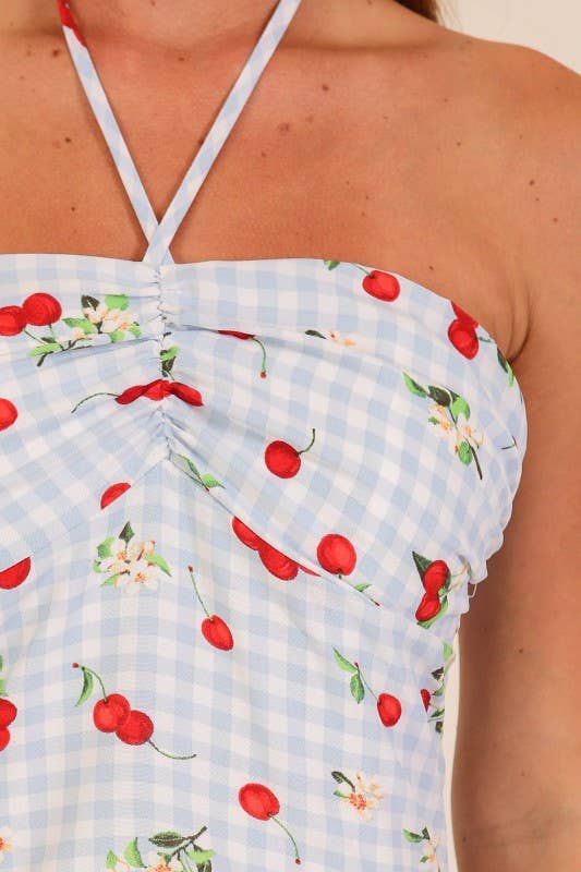 Cherry Picnic Gingham Midi Dress: Blue/Red / M