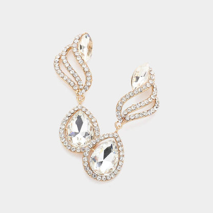 Teardrop Stone Pointed Rhinestone Paved Dangle Evening Earrings: AB,Silver