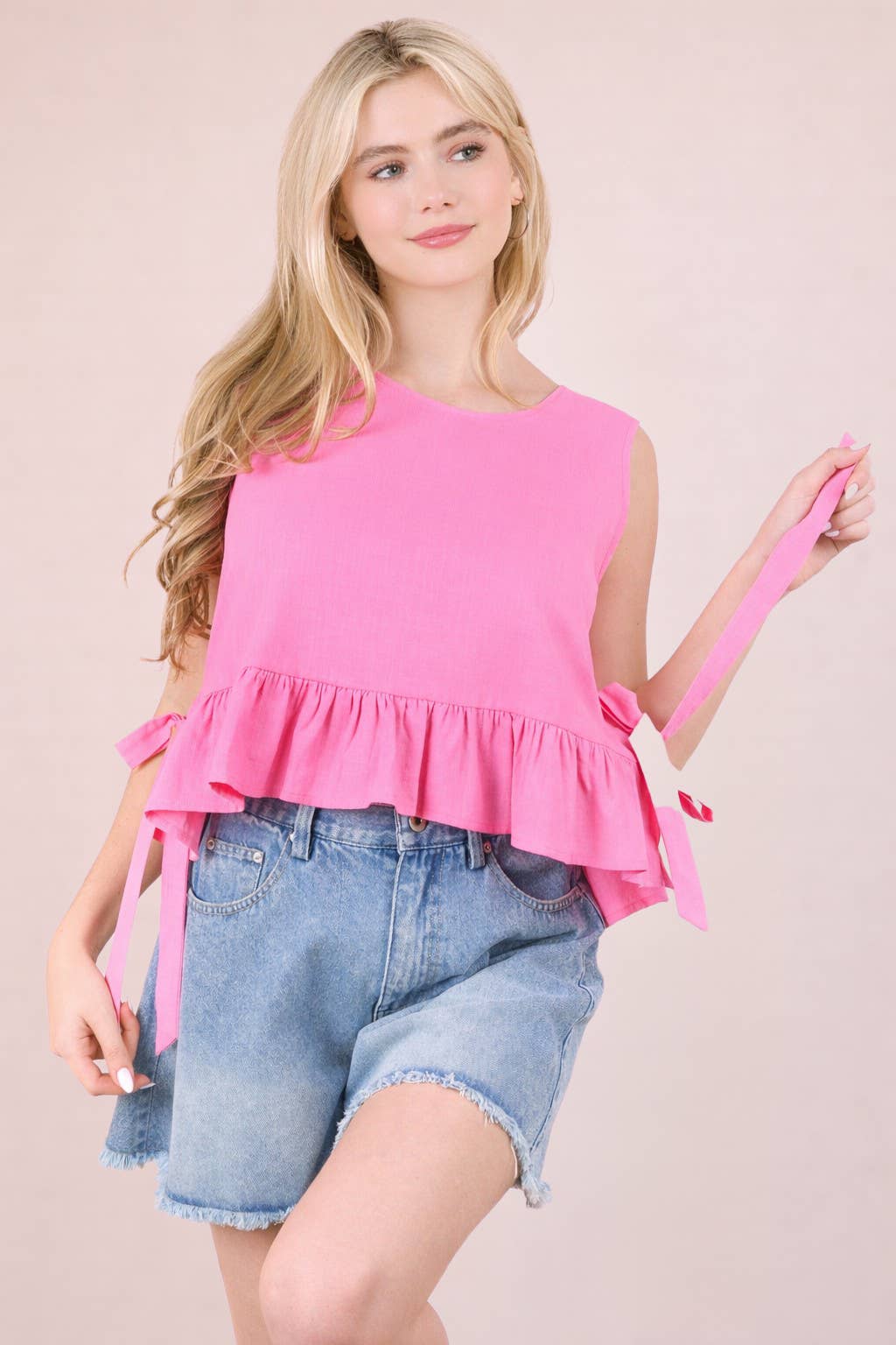 NT12128-Side Tie Detail Ruffled Top: RED DOT / S-M-L/2-2-2