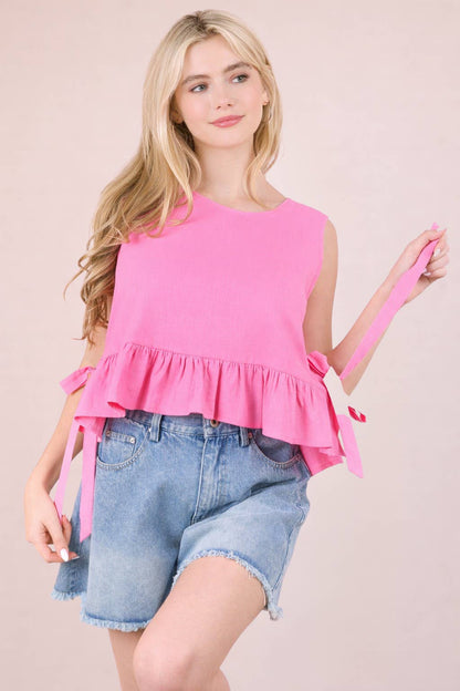 NT12128-Side Tie Detail Ruffled Top: RED DOT / S-M-L/2-2-2