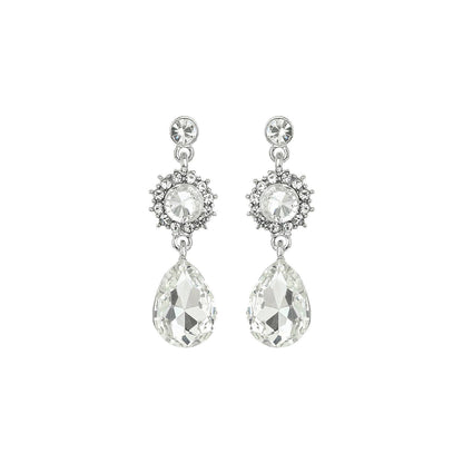 3 Tier Floral & Teardrop Rhinestone Crystal Dangle Earrings: Cream