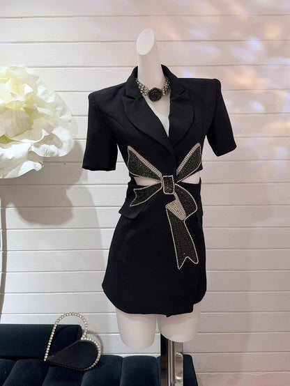 BL10Y Slim Suit Dress with Diamond Bow & Waist Cutout: Long sleeves / English / M