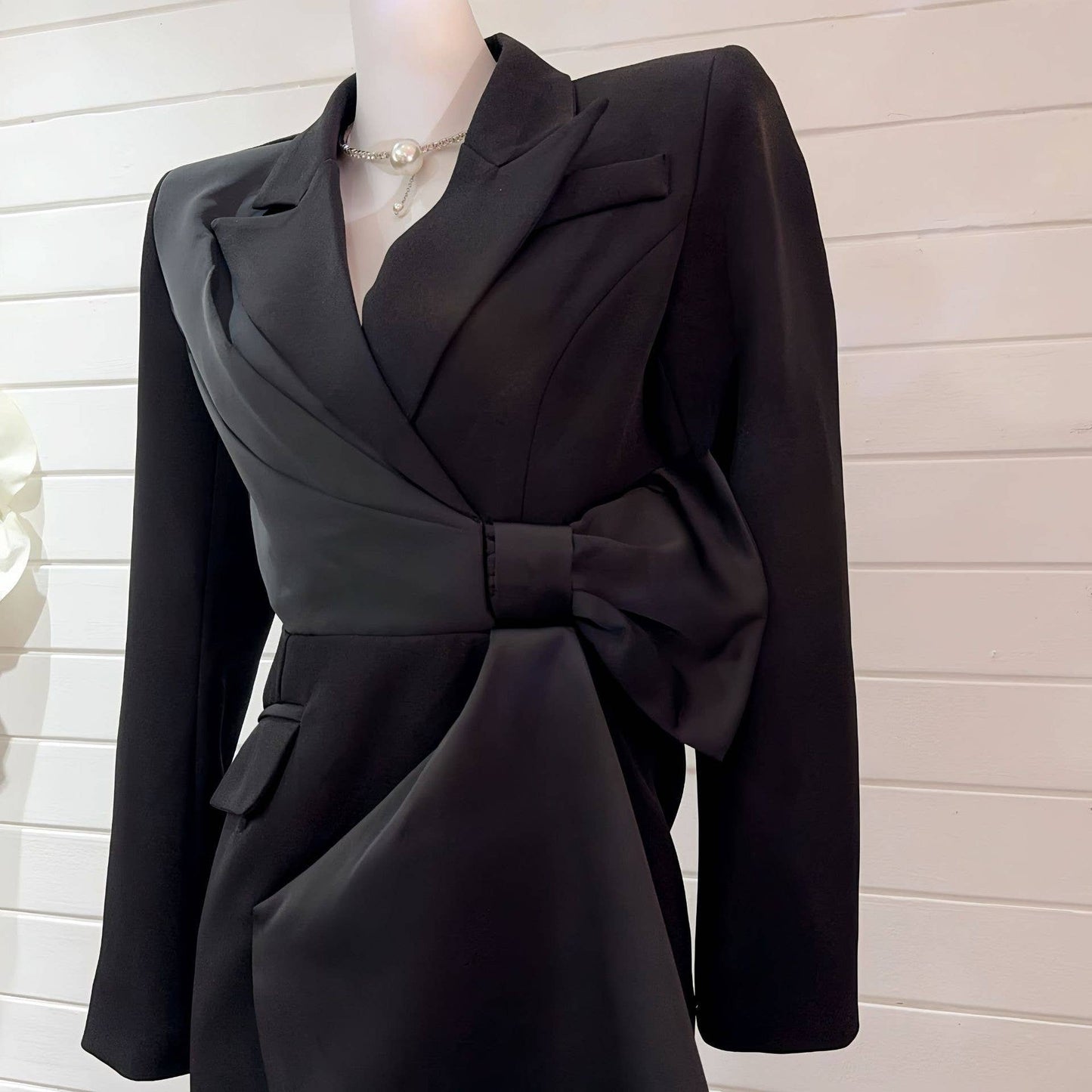 BL5-6 Asymmetrical Blazer Dress with Bow and Waist Cut-Out: Red / English / S