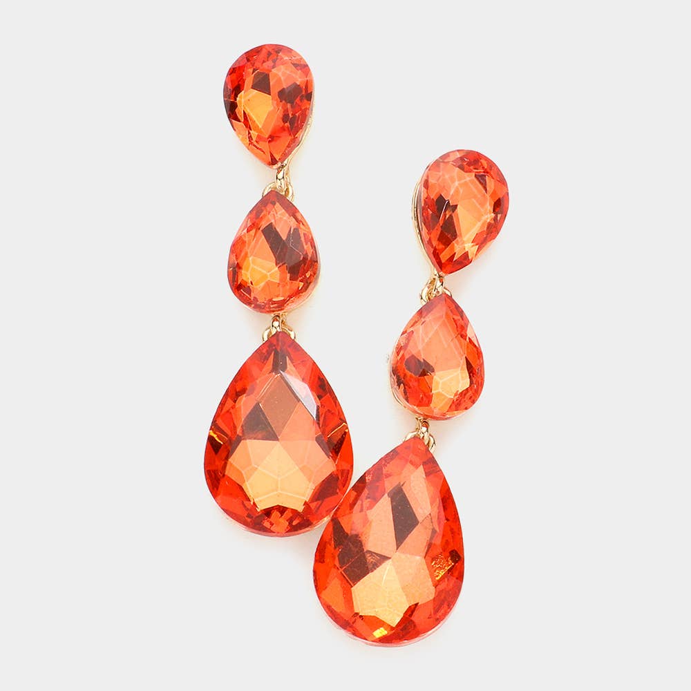 Triple Glass Crystal Teardrop Evening Earrings: Aqua