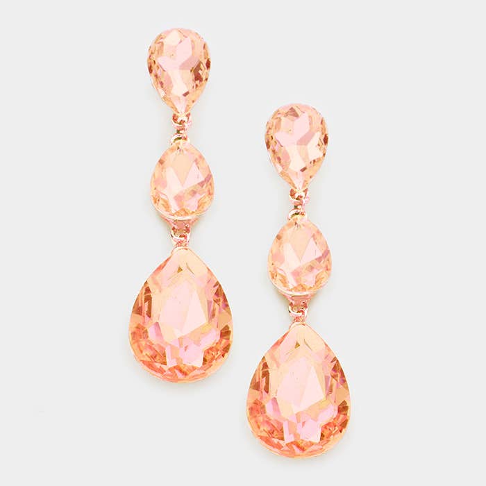 Triple Glass Crystal Teardrop Evening Earrings: Pink&Green