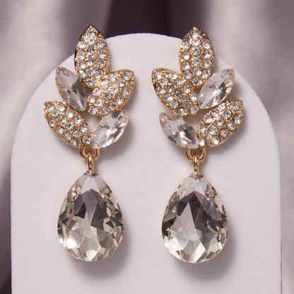 2-Tier Crystal Rhinestone Leaf Accent Dangle Earrings: Red