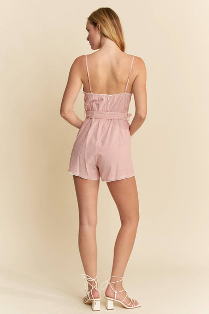 STRIPE TIE WAIST ROMPER WITH LACE TRIM HEM: RED / S