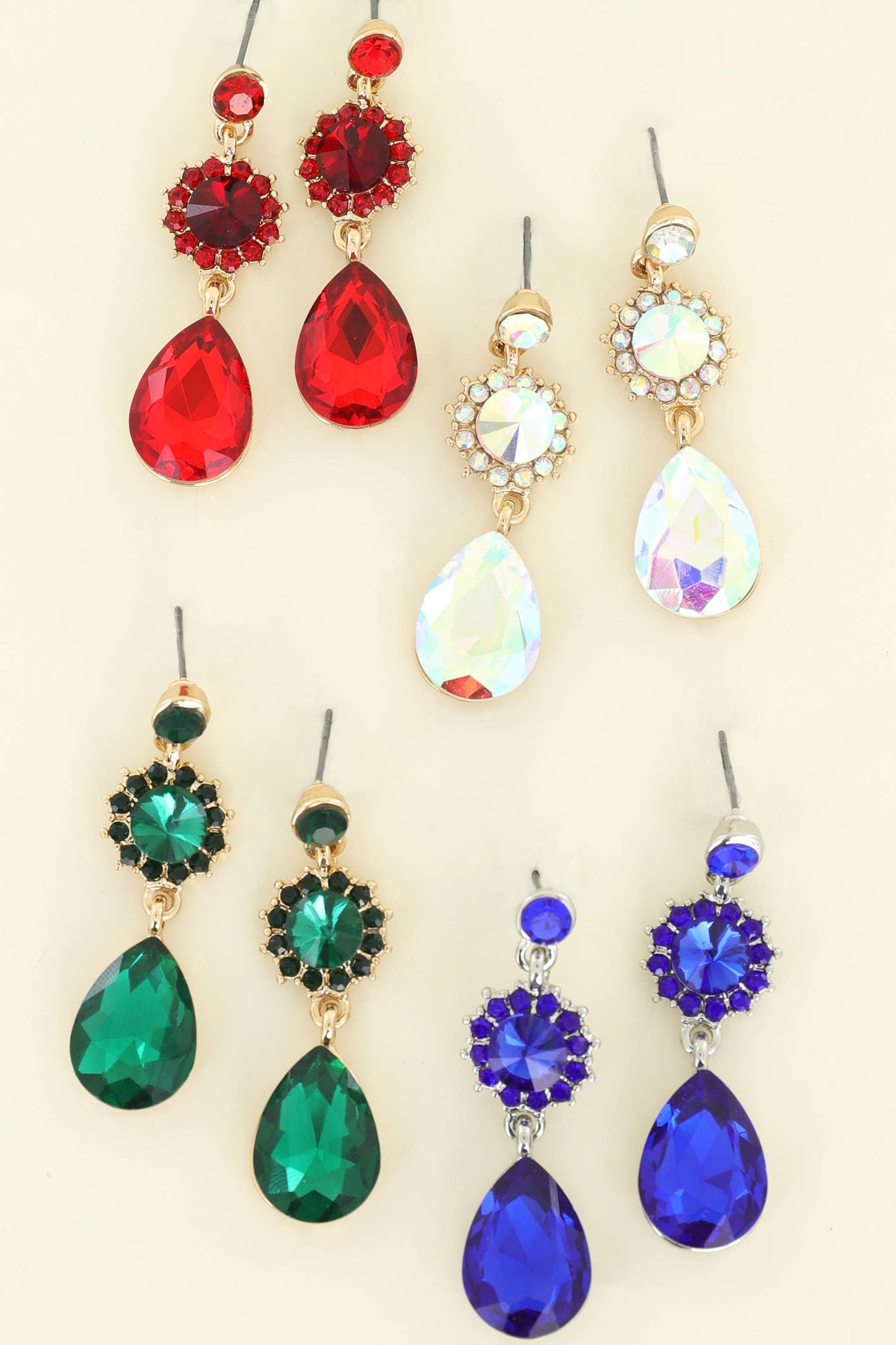 3 Tier Floral & Teardrop Rhinestone Crystal Dangle Earrings: White