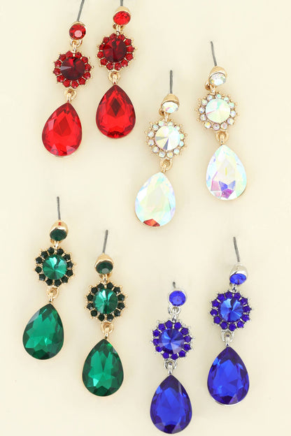 3 Tier Floral & Teardrop Rhinestone Crystal Dangle Earrings: White