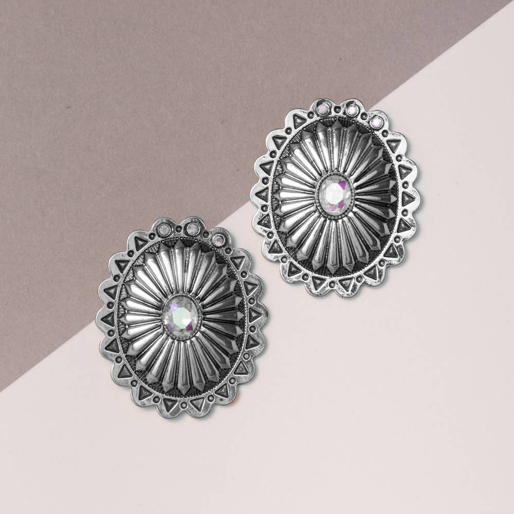 Western Concho Stone Oval Earrings: Silver