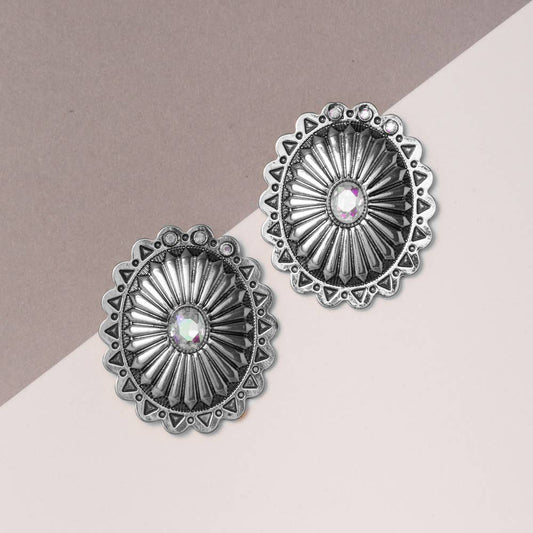 Western Concho Stone Oval Earrings: Silver
