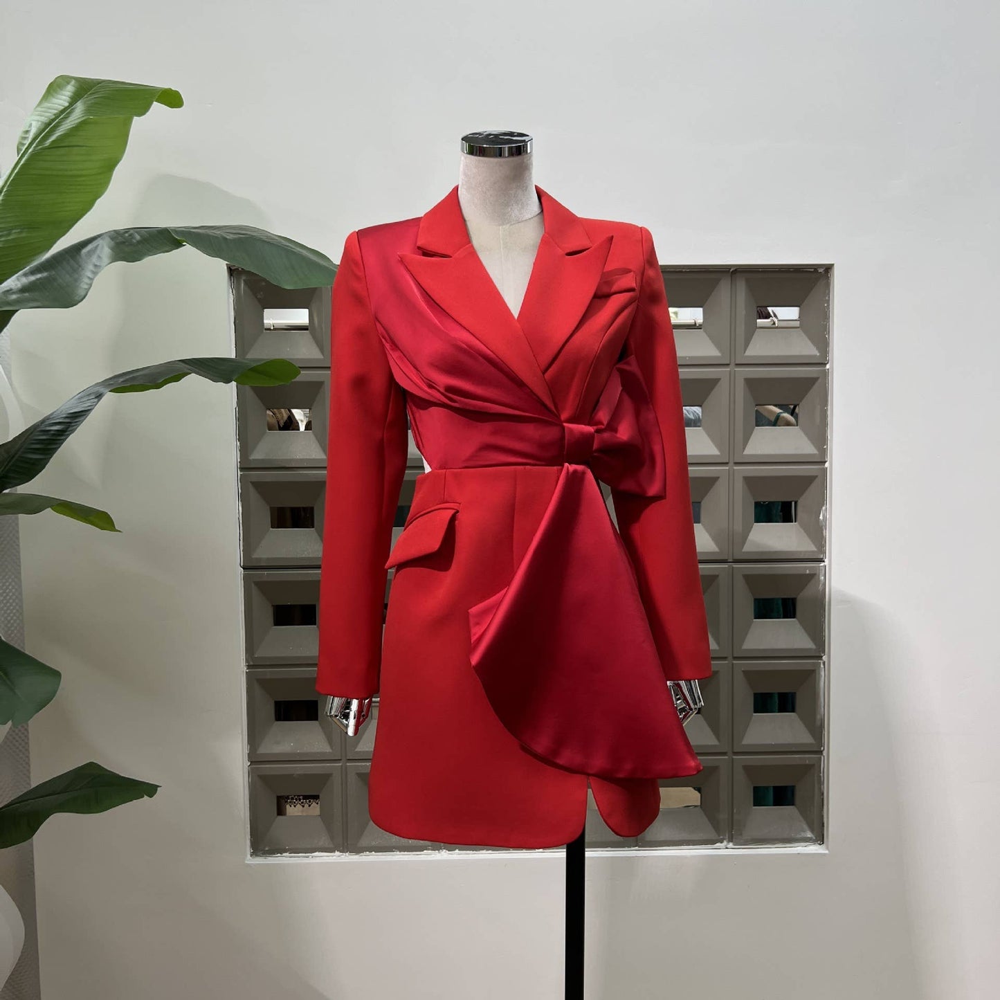 BL5-6 Asymmetrical Blazer Dress with Bow and Waist Cut-Out: Red / English / S