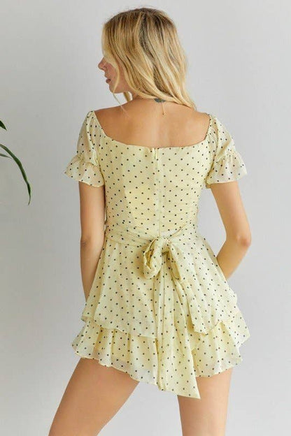 POLKA DOT OFF SHOULDER ROMPER: BLUE / L