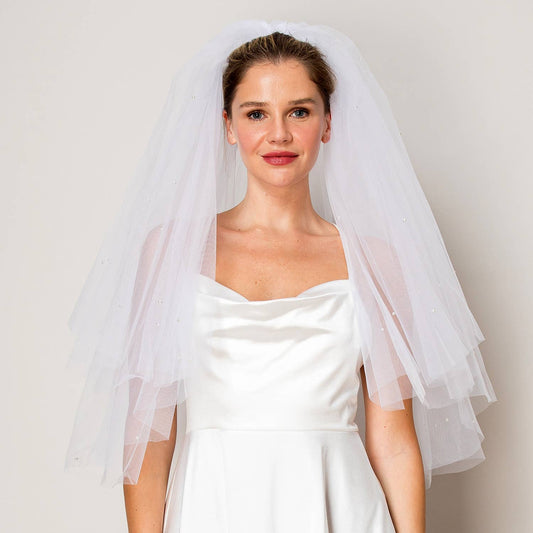 White Two Layer Scattered Pearl Hip Length Wedding Veil