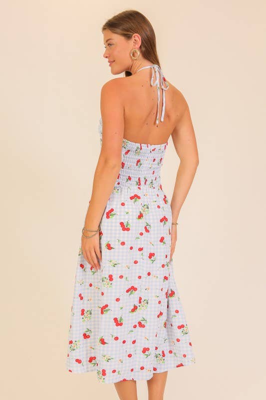 Cherry Picnic Gingham Midi Dress: Blue/Red / M