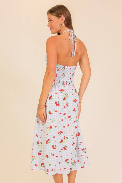 Cherry Picnic Gingham Midi Dress: Blue/Red / M
