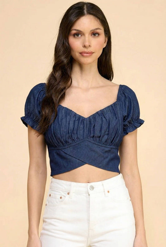CHAMBRAY CAP SLV OPEN SHOULDER TIE BACK TOP: Dark Blue / L