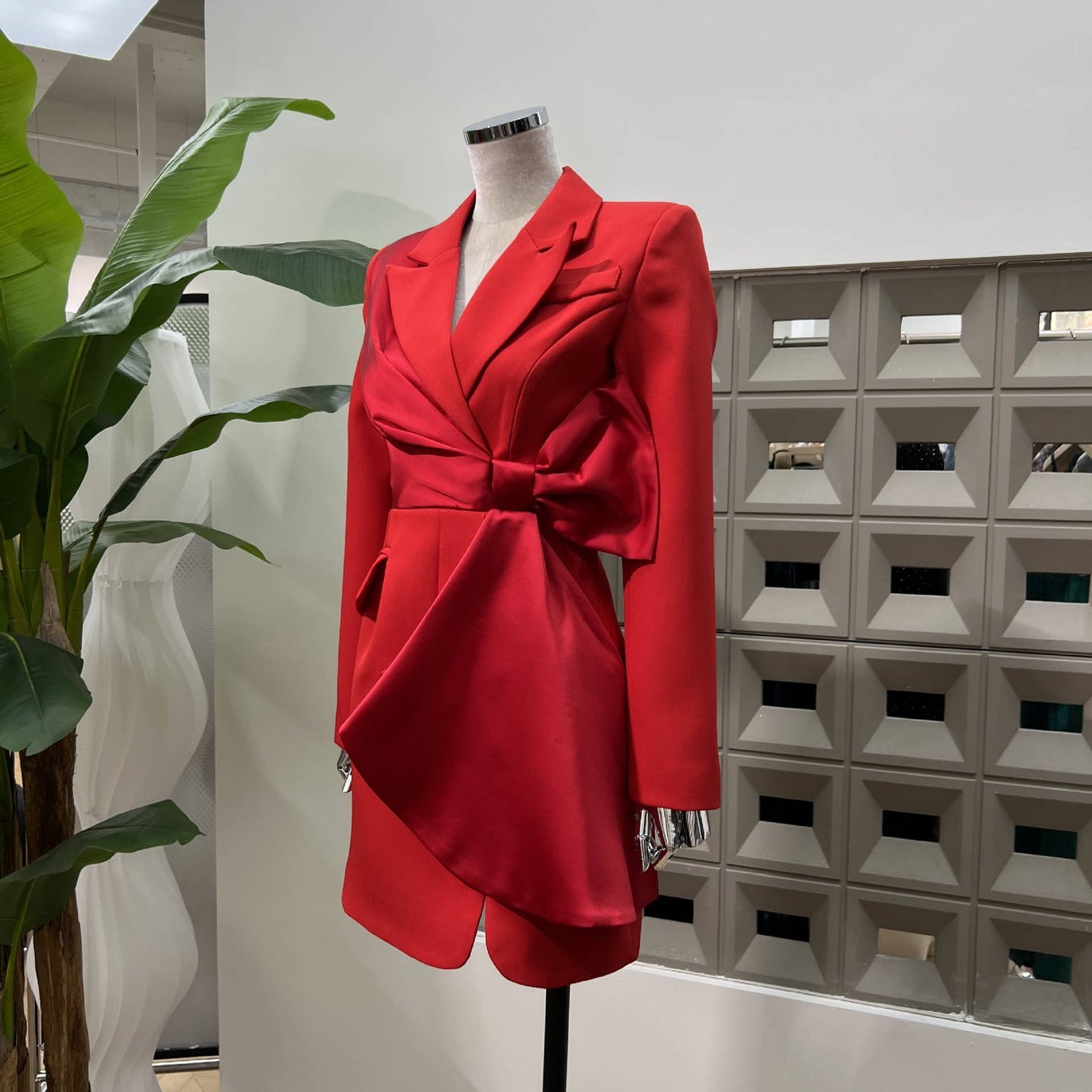 BL5-6 Asymmetrical Blazer Dress with Bow and Waist Cut-Out: Red / English / S