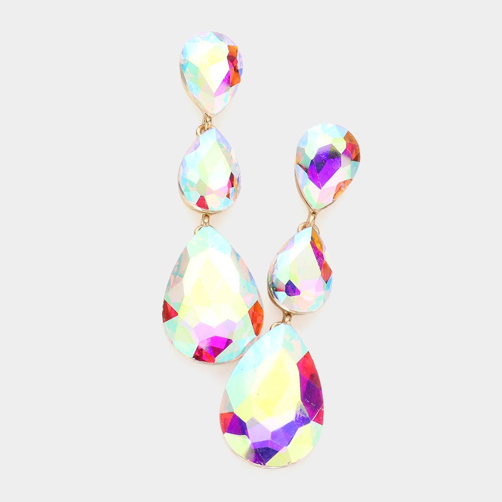 Triple Glass Crystal Teardrop Evening Earrings: Aqua