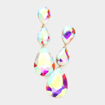 Triple Glass Crystal Teardrop Evening Earrings: Aqua