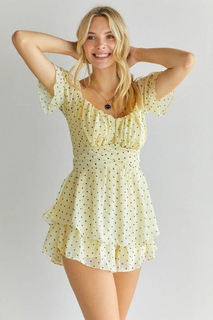 POLKA DOT OFF SHOULDER ROMPER: BLUE / L