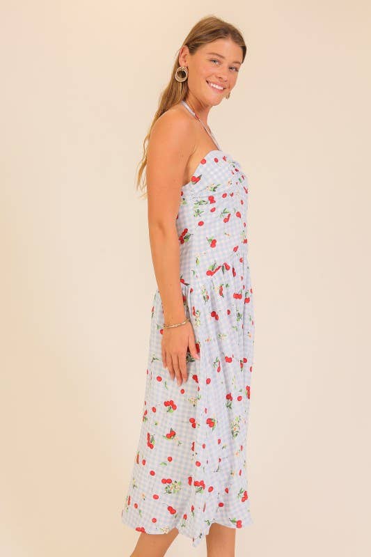 Cherry Picnic Gingham Midi Dress: Blue/Red / M