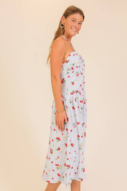 Cherry Picnic Gingham Midi Dress: Blue/Red / M
