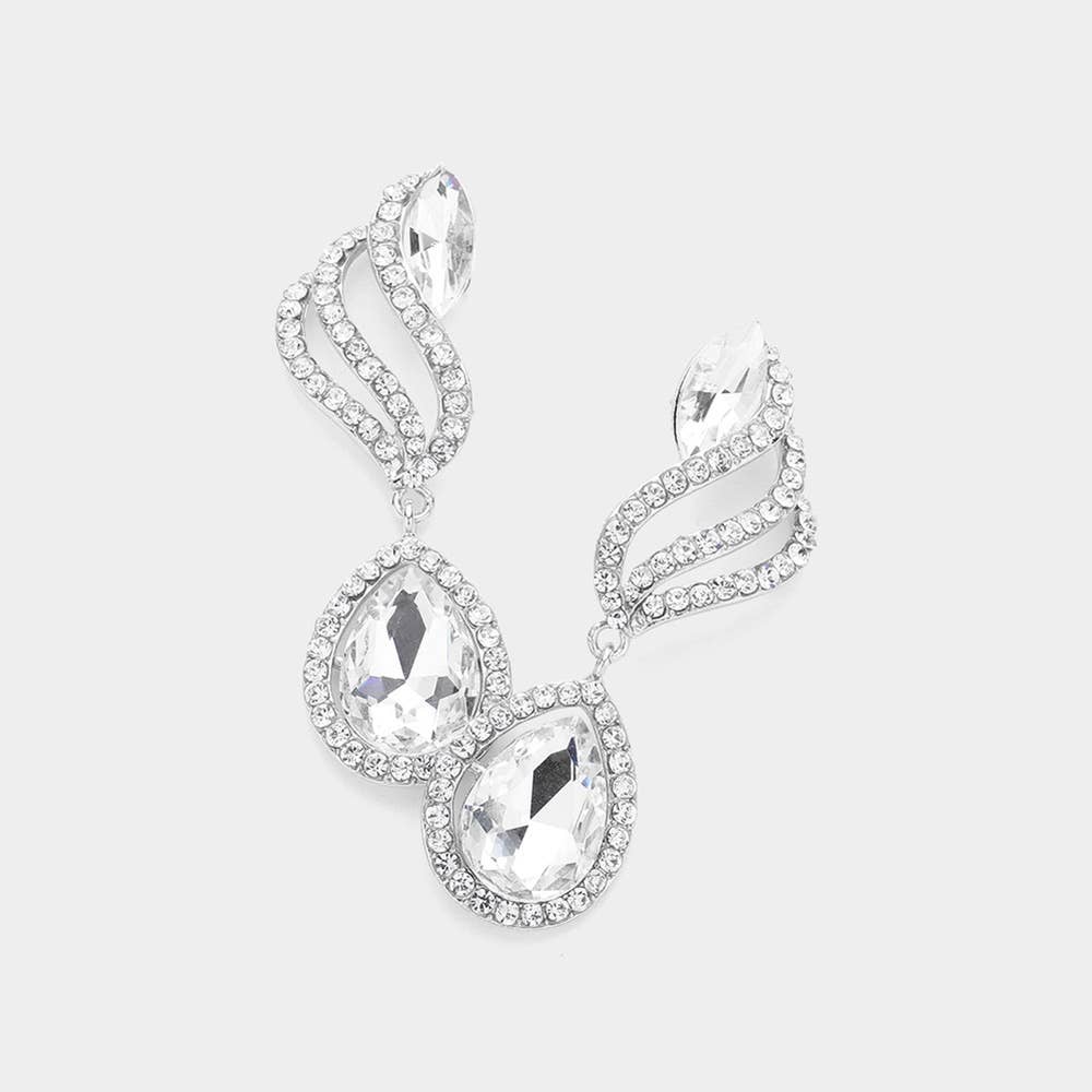 Teardrop Stone Pointed Rhinestone Paved Dangle Evening Earrings: Fuchsia