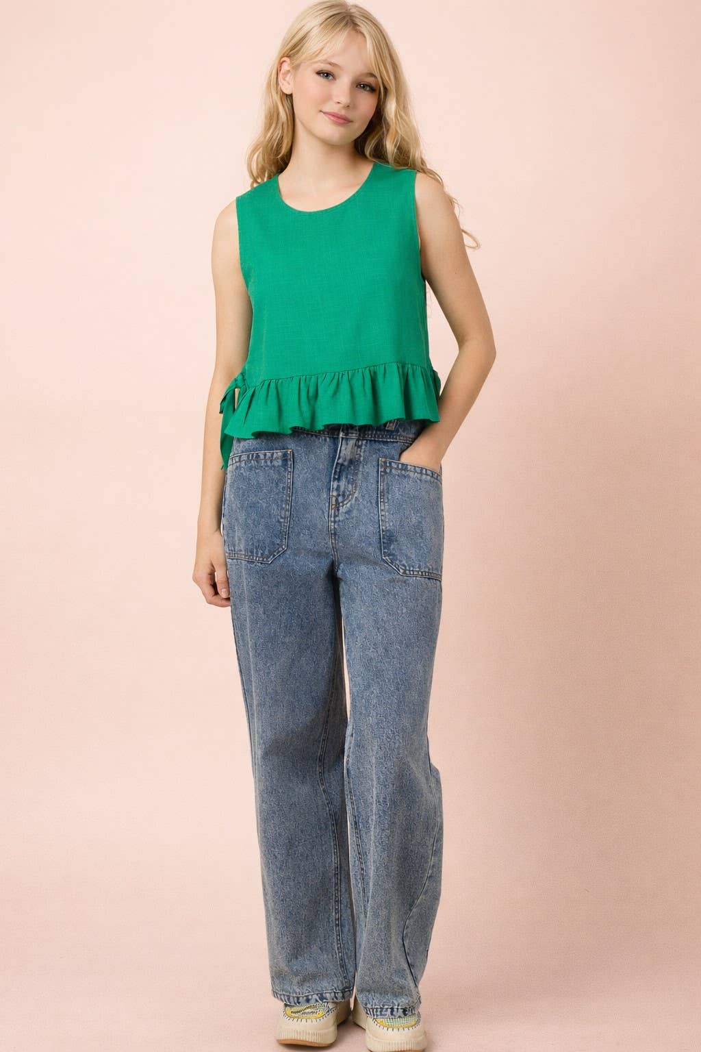 NT12128-Side Tie Detail Ruffled Top: RED DOT / S-M-L/2-2-2