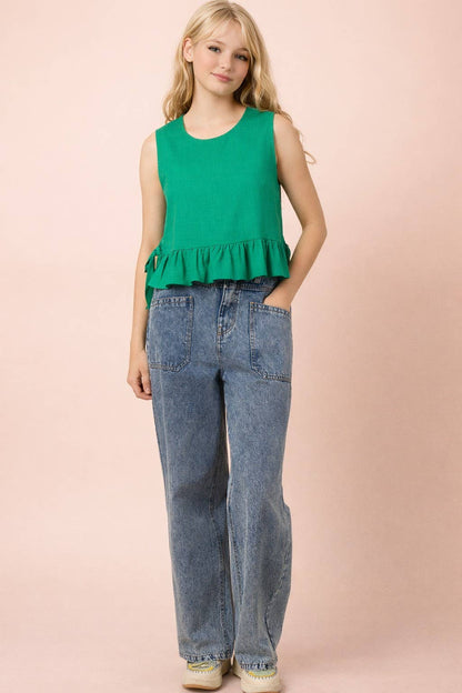 NT12128-Side Tie Detail Ruffled Top: RED DOT / S-M-L/2-2-2