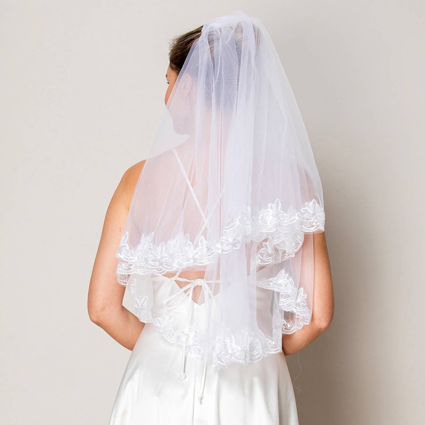 2 Layer Floral Sequins Lace Edge Waist Length Wedding Veil