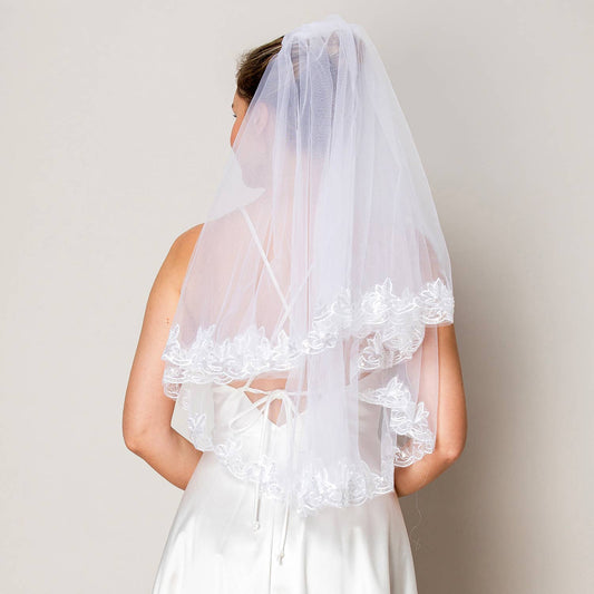 2 Layer Floral Sequins Lace Edge Waist Length Wedding Veil