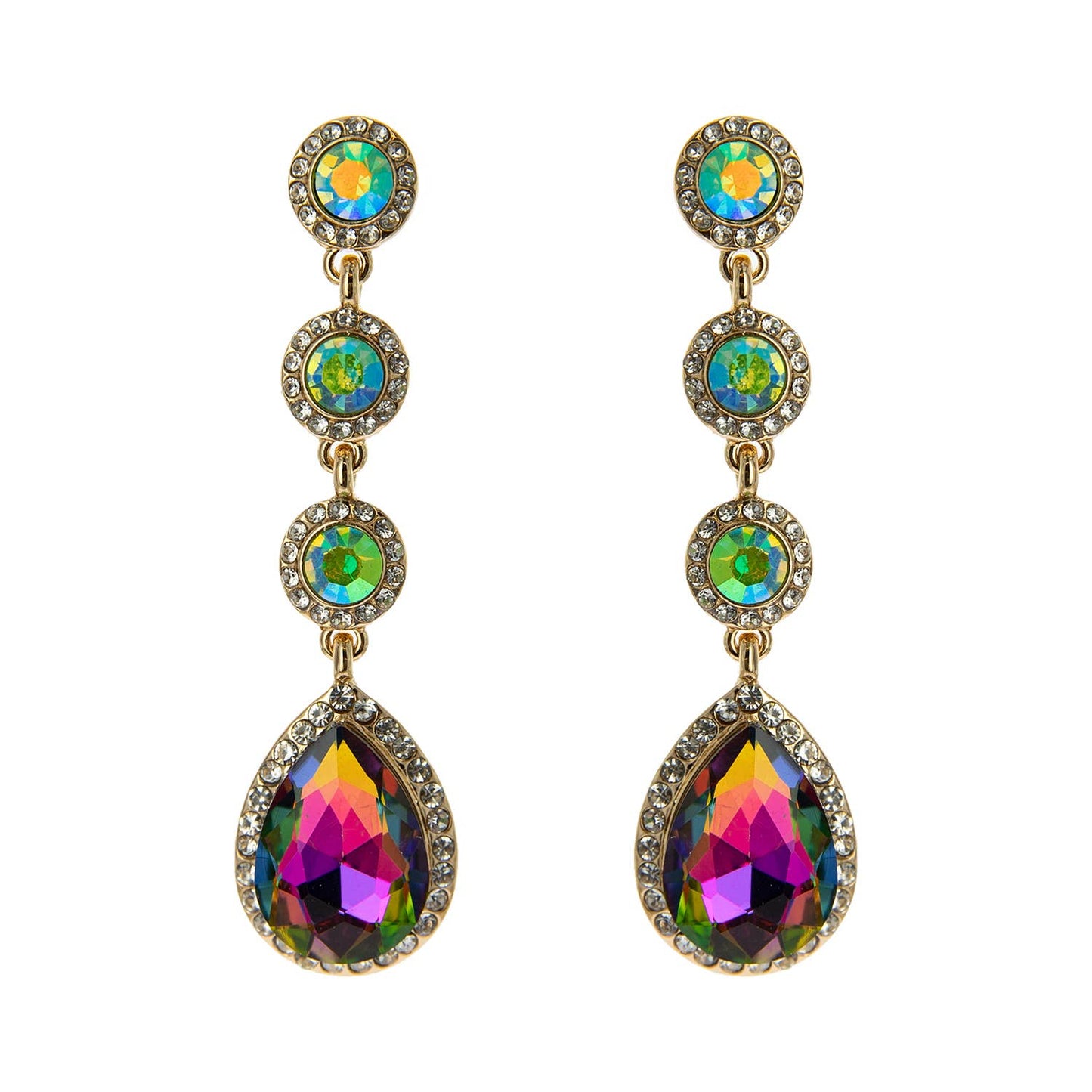 4 Tier Rhinestone Teardrop & Circle Crystals Dangle Earrings: Iridescent