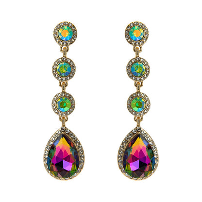 4 Tier Rhinestone Teardrop & Circle Crystals Dangle Earrings: Iridescent