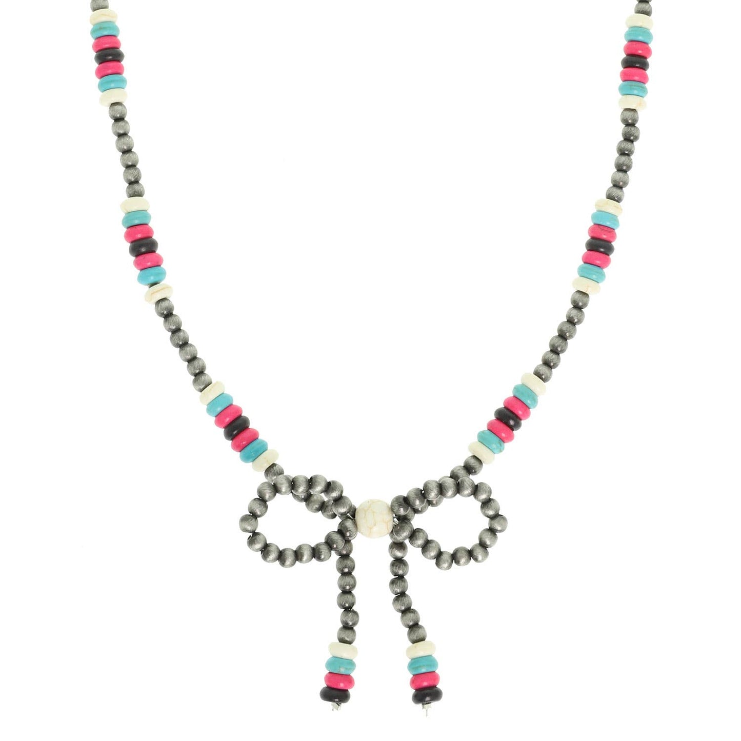 Western Marbled Pearl Bead Long Tail Bow Necklace: Ivory