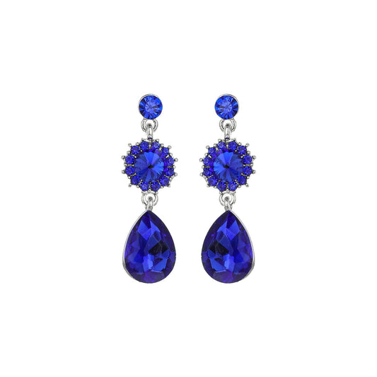 3 Tier Floral & Teardrop Rhinestone Crystal Dangle Earrings: Royal Blue