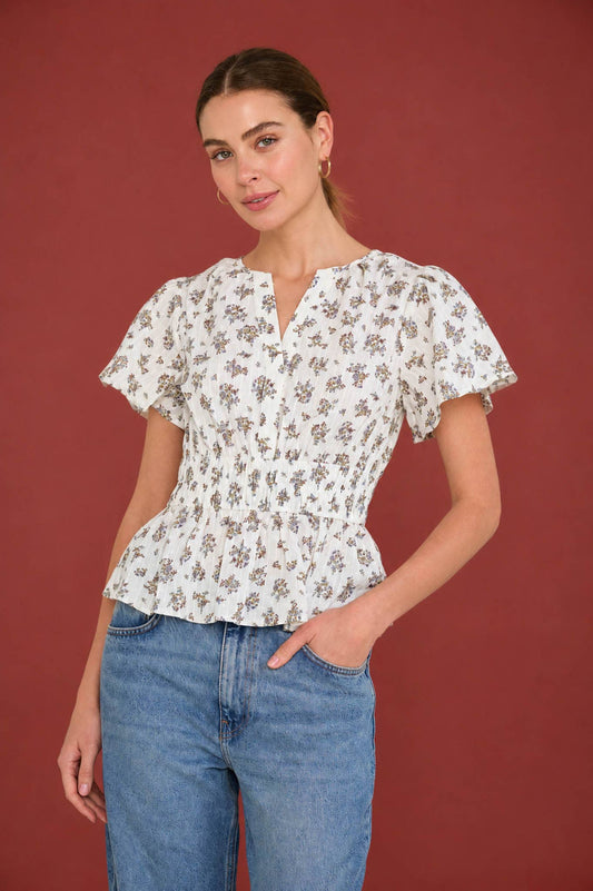 FLORAL CLIP DOT SPLIT NECK BELL SLEEVE TOP: DUSTY BLUE MULTI