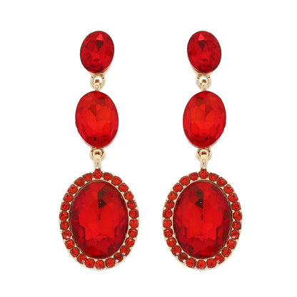 3 Tiered Oval Cut Rhinestone Crystal Dangle Earrings: Red