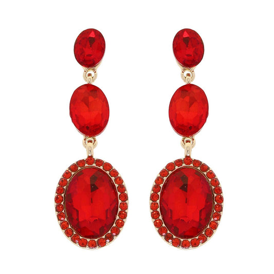 3 Tiered Oval Cut Rhinestone Crystal Dangle Earrings: Red