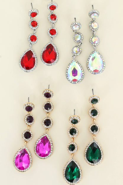 4 Tier Rhinestone Teardrop & Circle Crystals Dangle Earrings: Iridescent