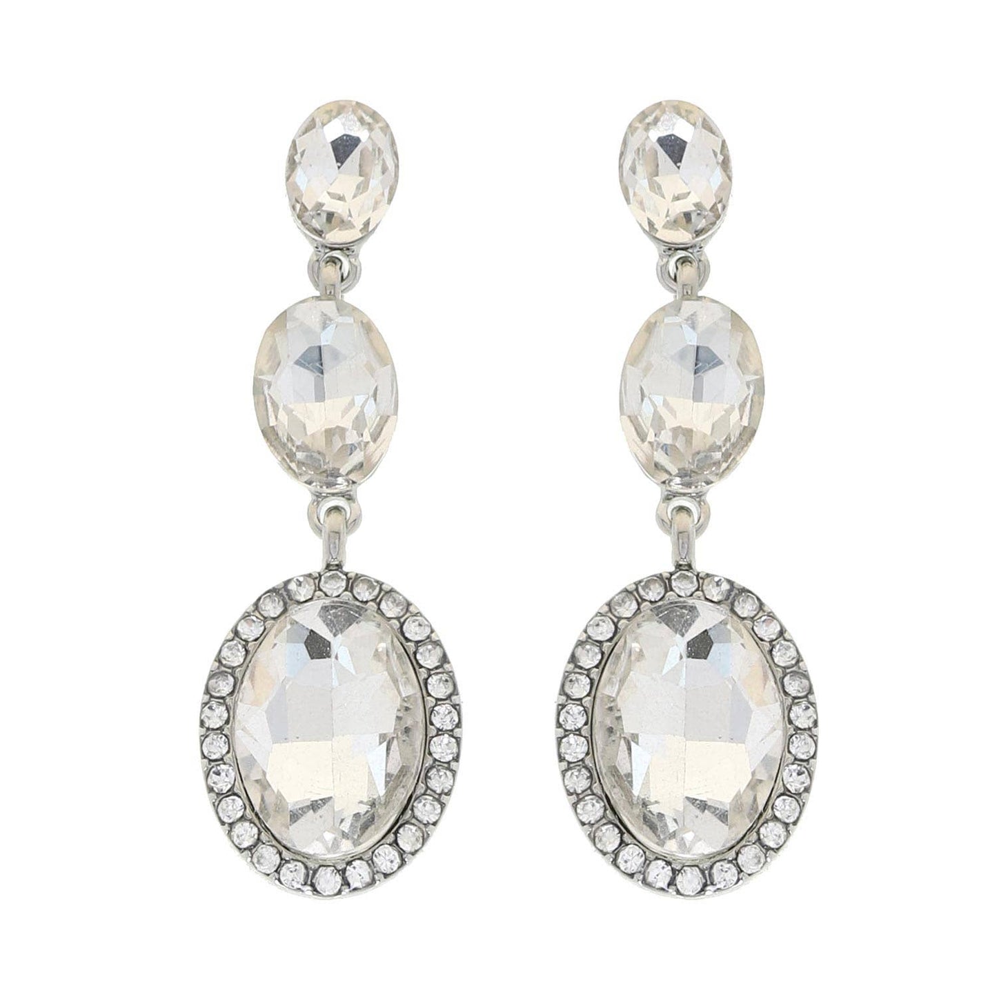 3 Tiered Oval Cut Rhinestone Crystal Dangle Earrings: Gold Cream