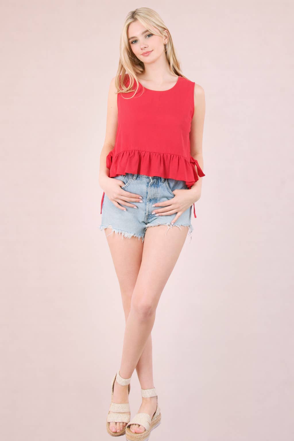 NT12128-Side Tie Detail Ruffled Top: RED DOT / S-M-L/2-2-2