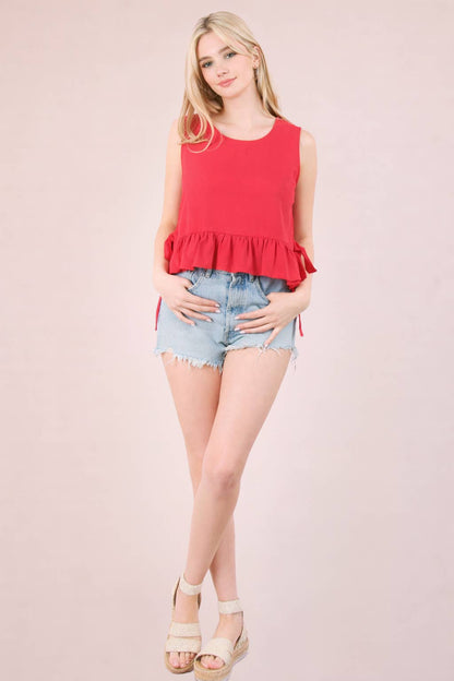 NT12128-Side Tie Detail Ruffled Top: RED DOT / S-M-L/2-2-2
