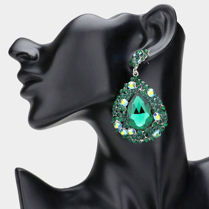 Teardrop Rhinestone Embellished Dangle Evening Earrings: Aqua Silver