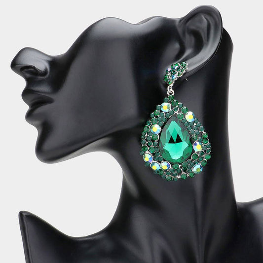 Teardrop Rhinestone Embellished Dangle Evening Earrings: EMERALD
