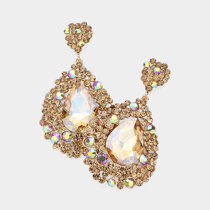 Teardrop Rhinestone Embellished Dangle Evening Earrings: EMERALD