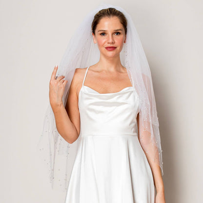 Three Layer Crystal and Pearl Hip Length Wedding Veil